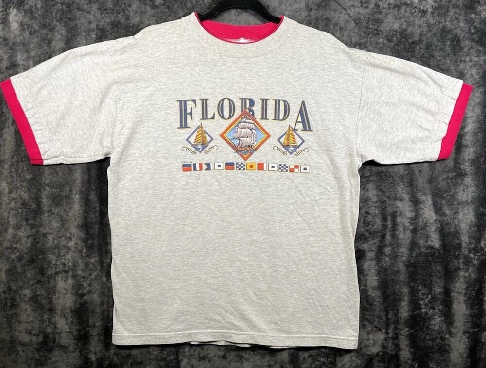 Vintage 1998 Florida Nautical Ringer T Shirt Large Gray Pink Sailing USA Made